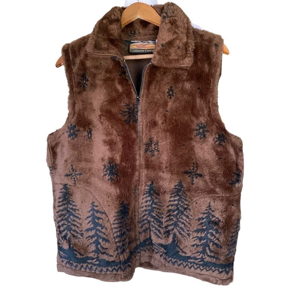 Brown Faux Fur Vest with Blue Pattern